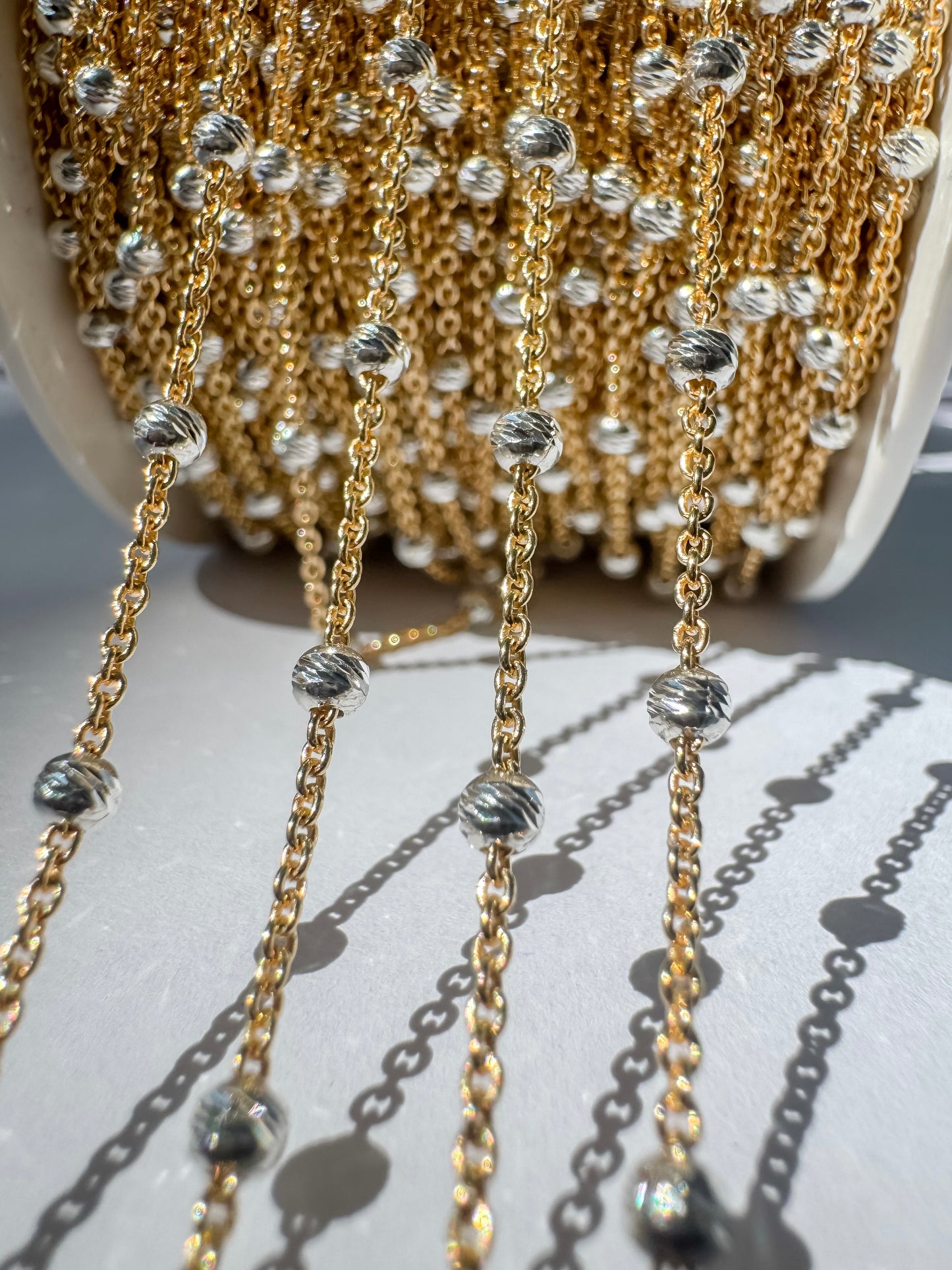 14k Gold Filled & .925 Sterling Silver Mixed Metal Diamond Cut Bead Satellite Chain