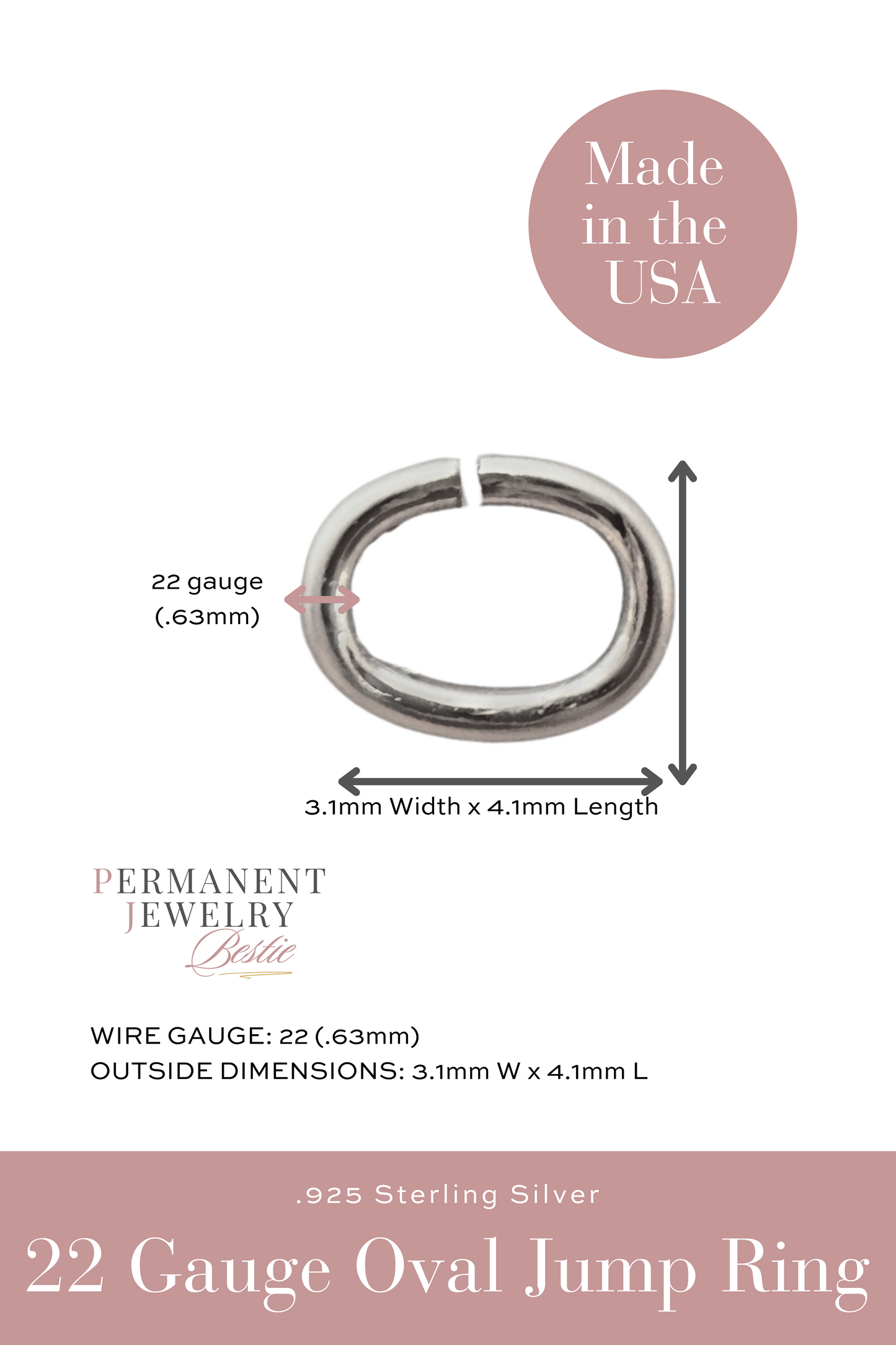 22 gauge, OVAL 3mmx4mm Permanent Jewelry Jump Rings