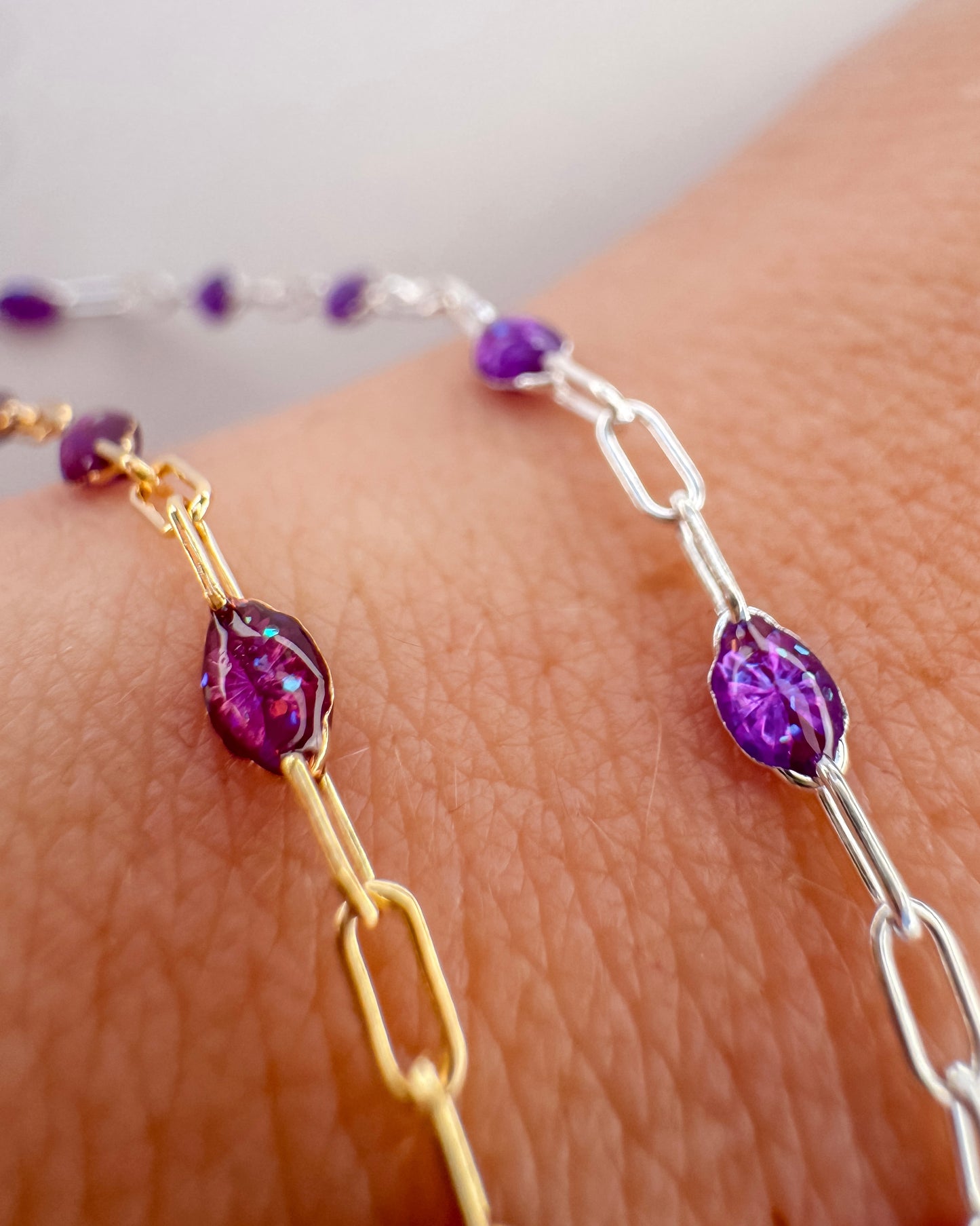 Amethyst Mood Enamel Sunburst Paperclip Permanent Jewelry Chain