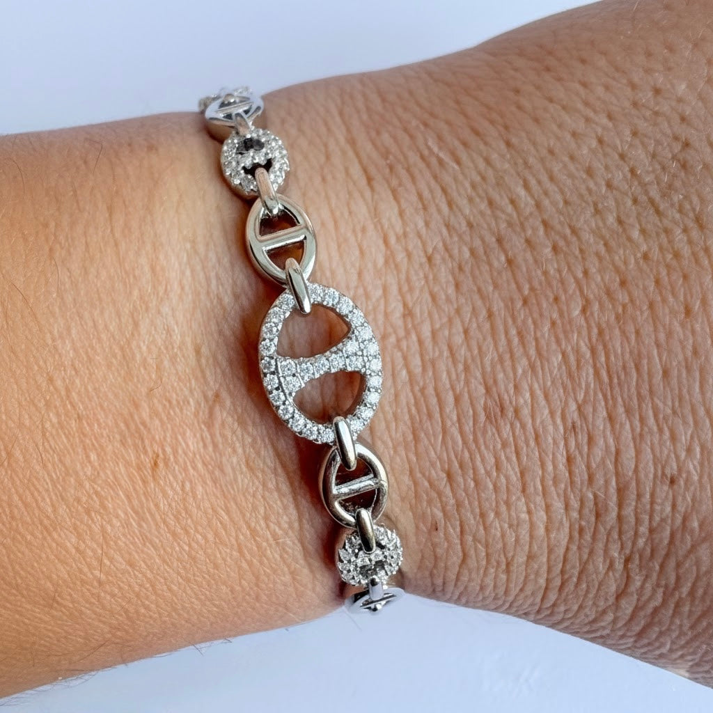 Sterling Silver Mariner Hinged Bangle | Rhodium Plated CZ Sparkle Bracelet