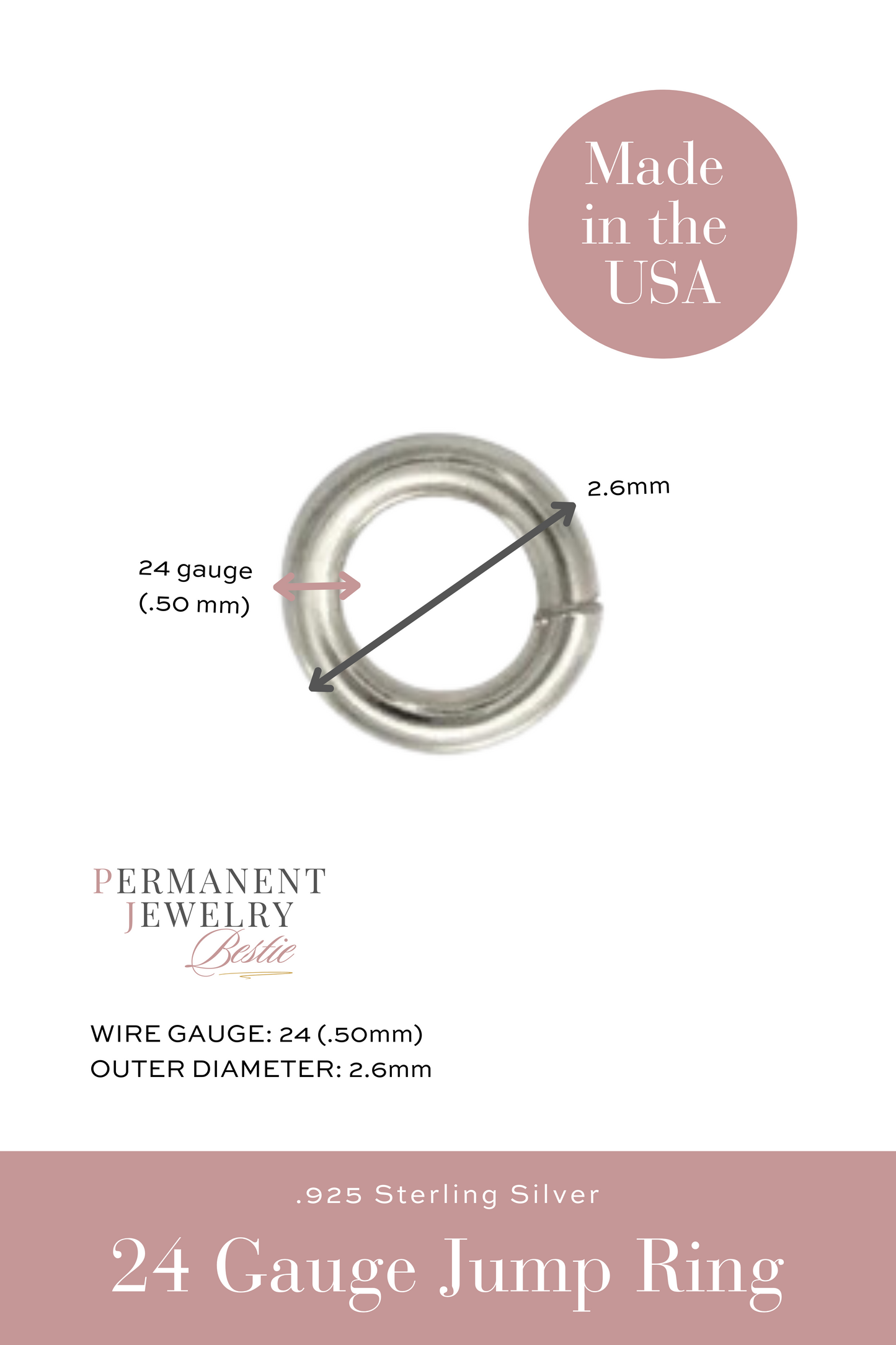 24 gauge, 2.6mm Outer Diameter (OD) Permanent Jewelry Jump Rings