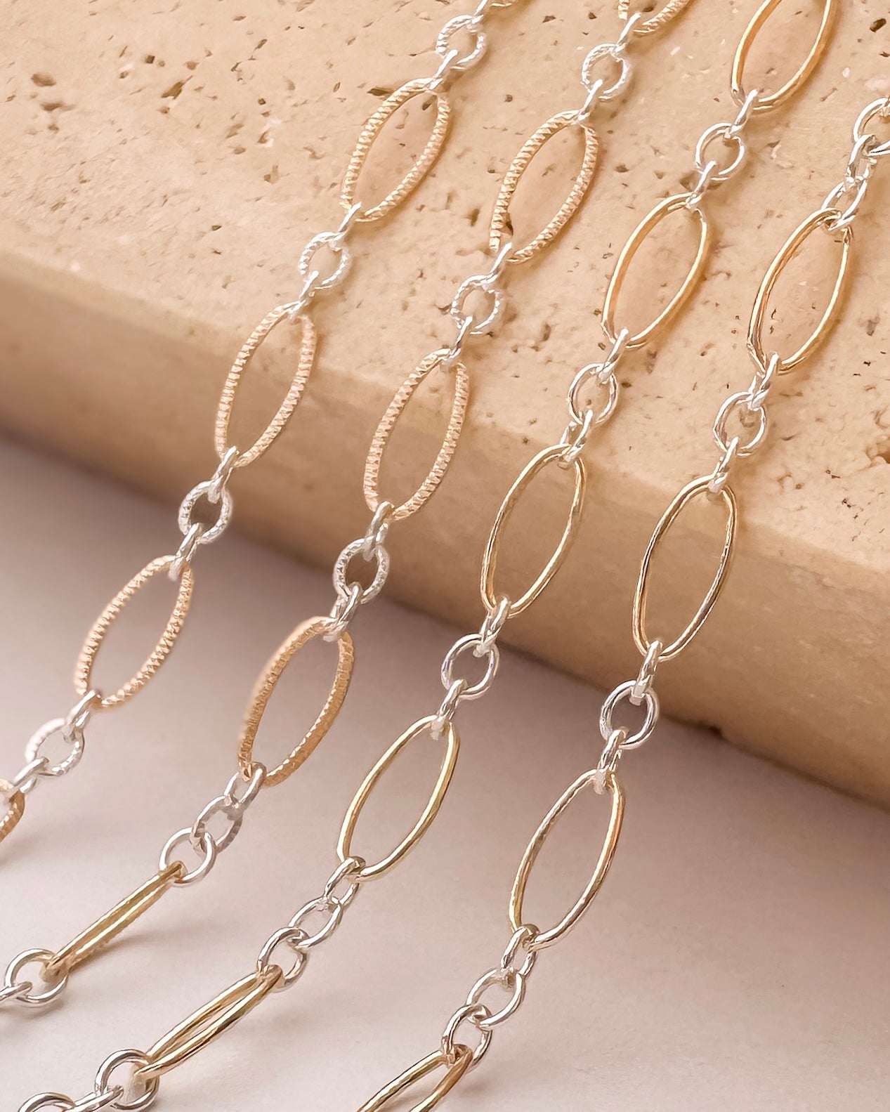 Textured - Mixed Metal Marquise 14k Gold-Filled & .925 Sterling Silver Link Permanent Jewelry Chain