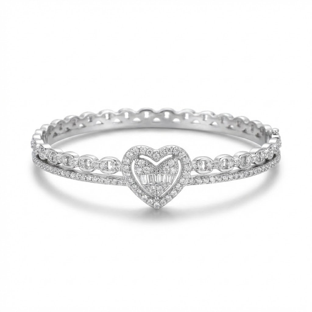 Sterling Silver Heart Hinged Bangle | Rhodium Plated CZ Sparkle Bracelet