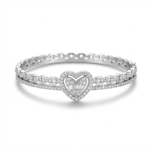 Sterling Silver Heart Hinged Bangle | Rhodium Plated CZ Sparkle Bracelet