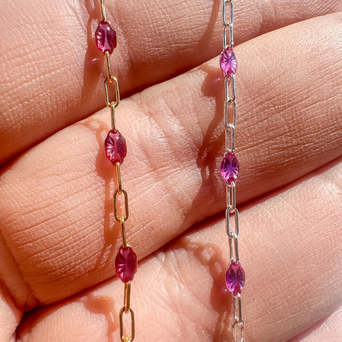 “Vivid Magenta” Enamel Sunburst Paperclip Permanent Jewelry Chain