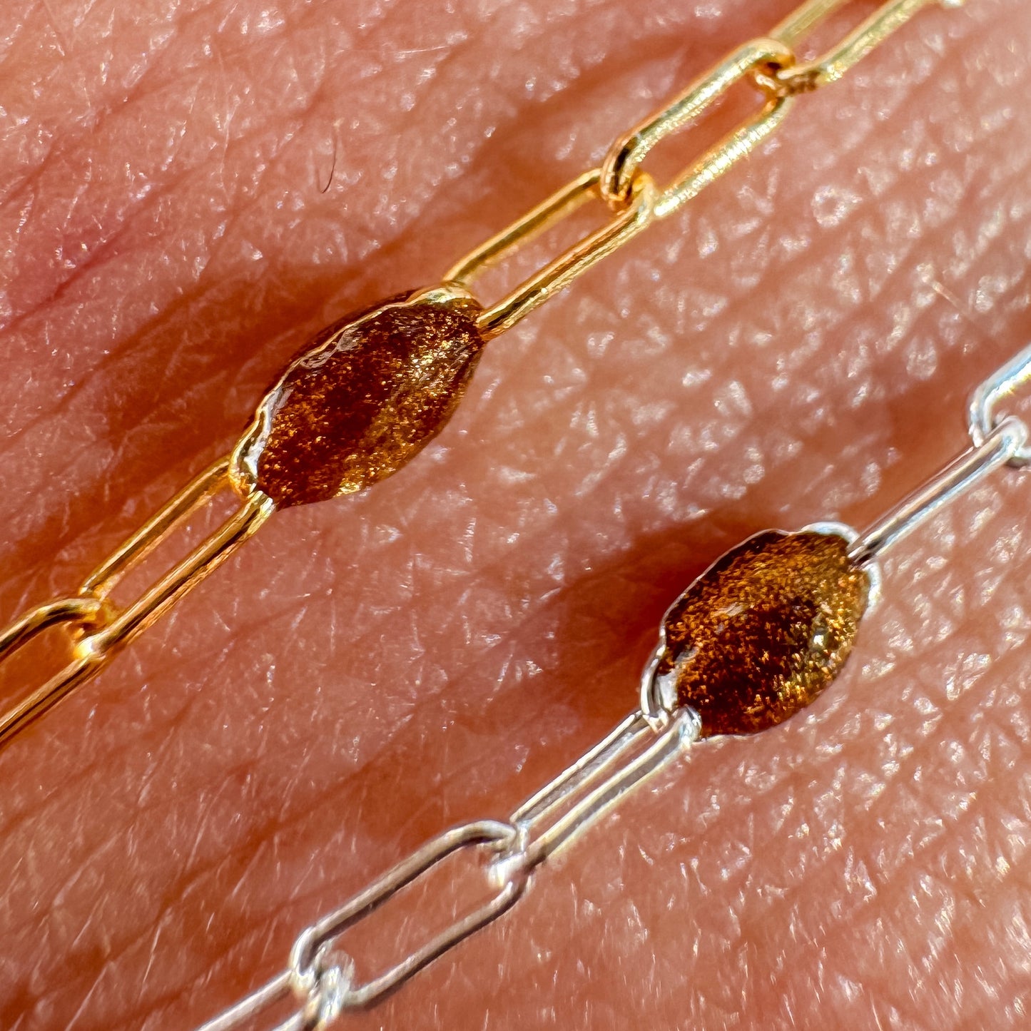 Bronze Enamel Sunburst Paperclip Permanent Jewelry Chain