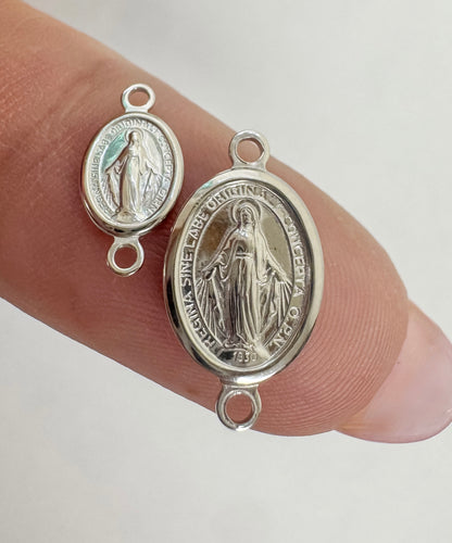 .925 Sterling Silver Miraculous Medal Connector / Charm (Italian Made - Quantity 2 - Select Size/Orientation)