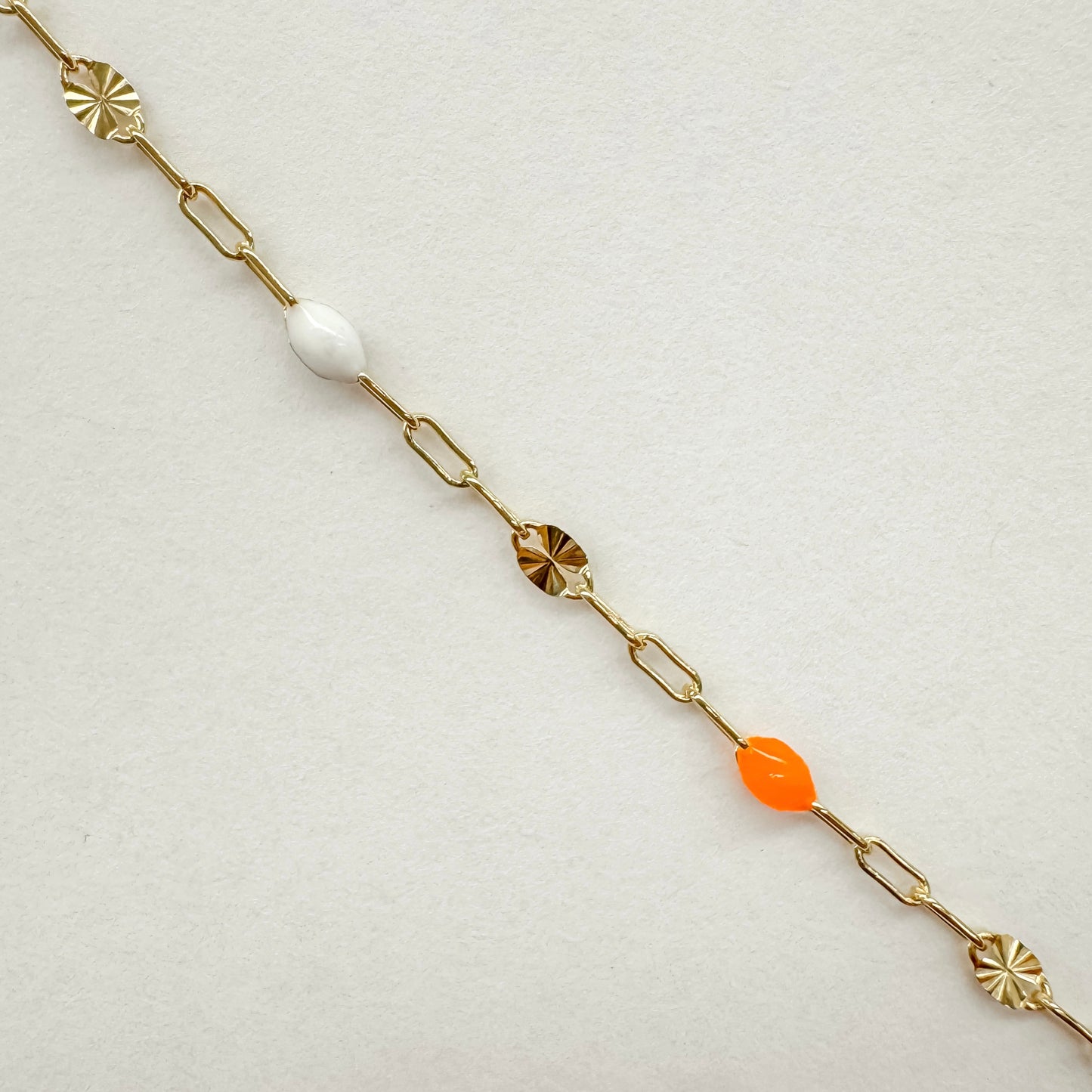 Italian Enamel “Creamsicle” Sunburst Paperclip Chain – Orange & White – 14K Gold Filled