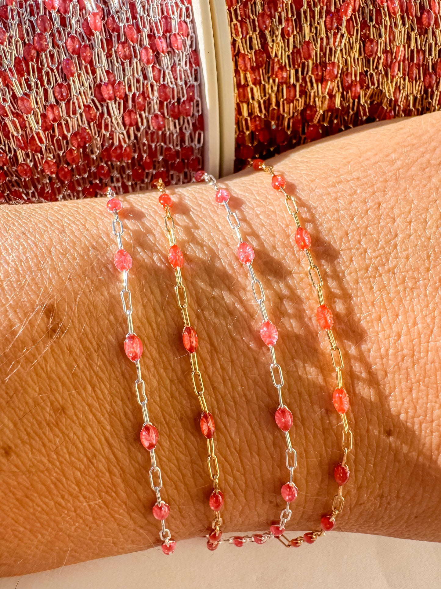 “Coral Opal” Italian Enamel Sunburst Paperclip Permanent Jewelry Chain