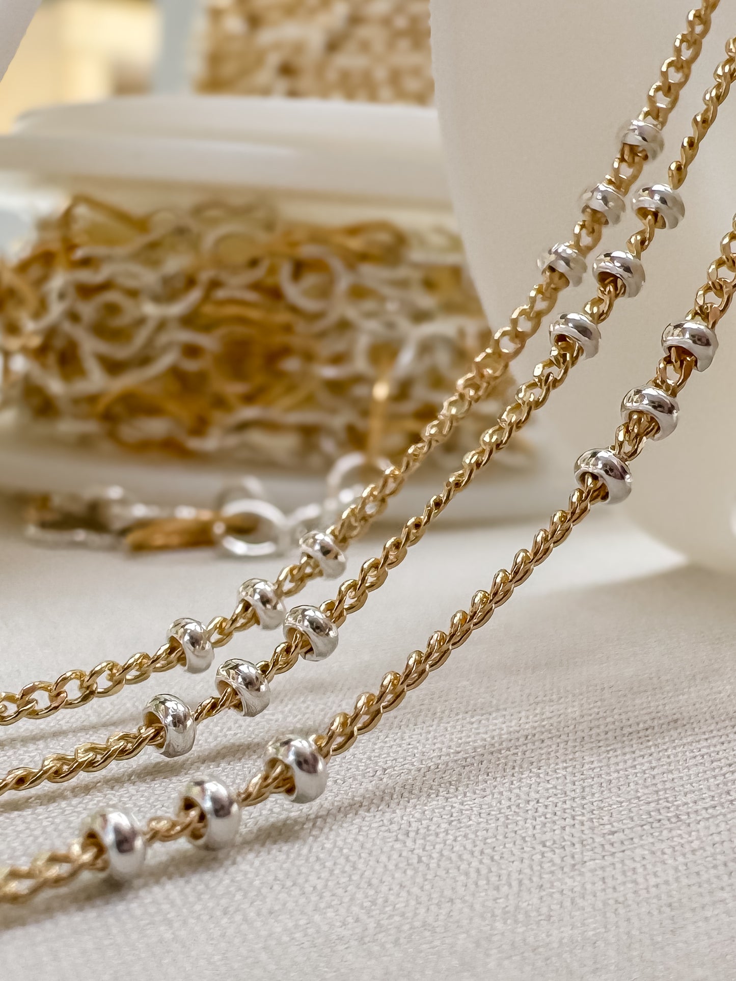 14k Gold Filled & .925 Sterling Silver Mixed Metal Tri Bead Satellite Curb Permanent Jewelry Chain