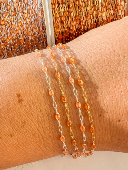 “Clementine” Orange Italian Enamel Sunburst Paperclip Permanent Jewelry Chain