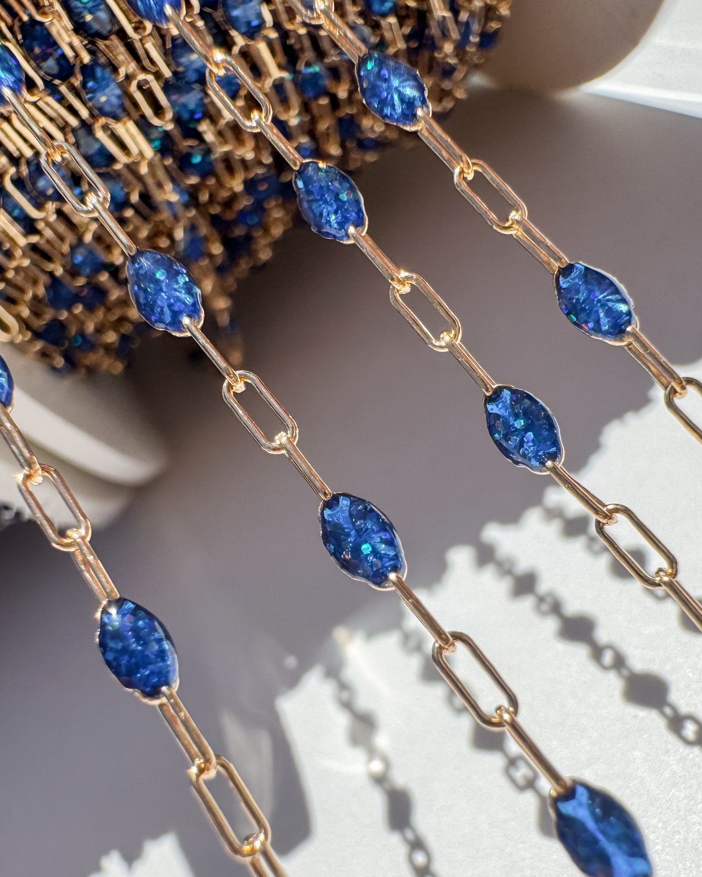 “Cobalt Glow” Enamel Sunburst Paperclip Permanent Jewelry Chain