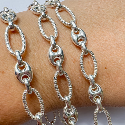Sterling Silver Puffed Mariner with Diamond-Cut Oval Alternating Links for Permanent Jewelry