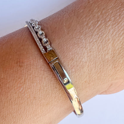 Sterling Silver Heart Hinged Bangle | Rhodium Plated CZ Sparkle Bracelet