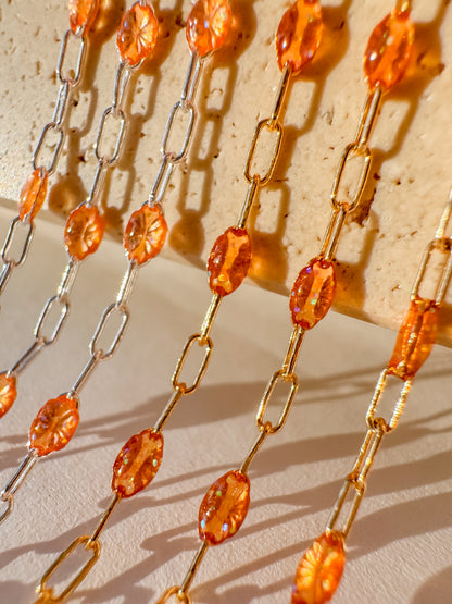 “Clementine” Orange Italian Enamel Sunburst Paperclip Permanent Jewelry Chain