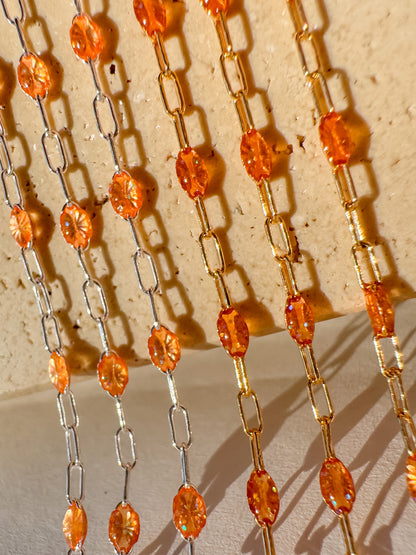“Clementine” Orange Italian Enamel Sunburst Paperclip Permanent Jewelry Chain