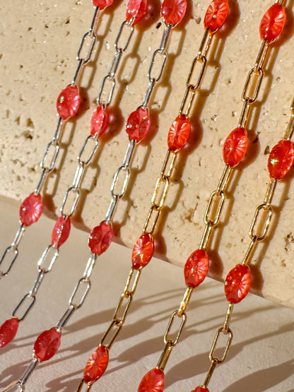 “Coral Opal” Italian Enamel Sunburst Paperclip Permanent Jewelry Chain