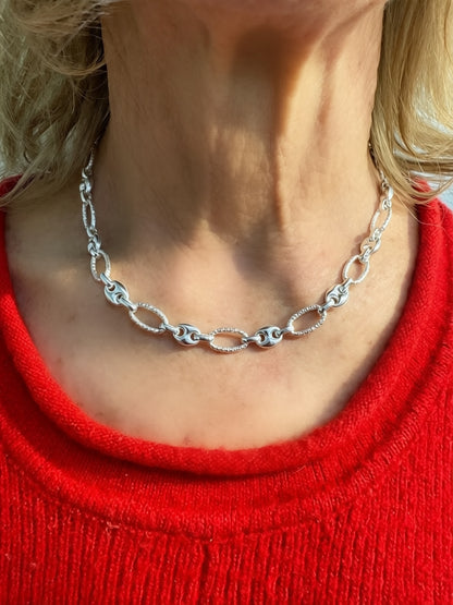 Sterling Silver Puffed Mariner with Diamond-Cut Oval Alternating Links for Permanent Jewelry