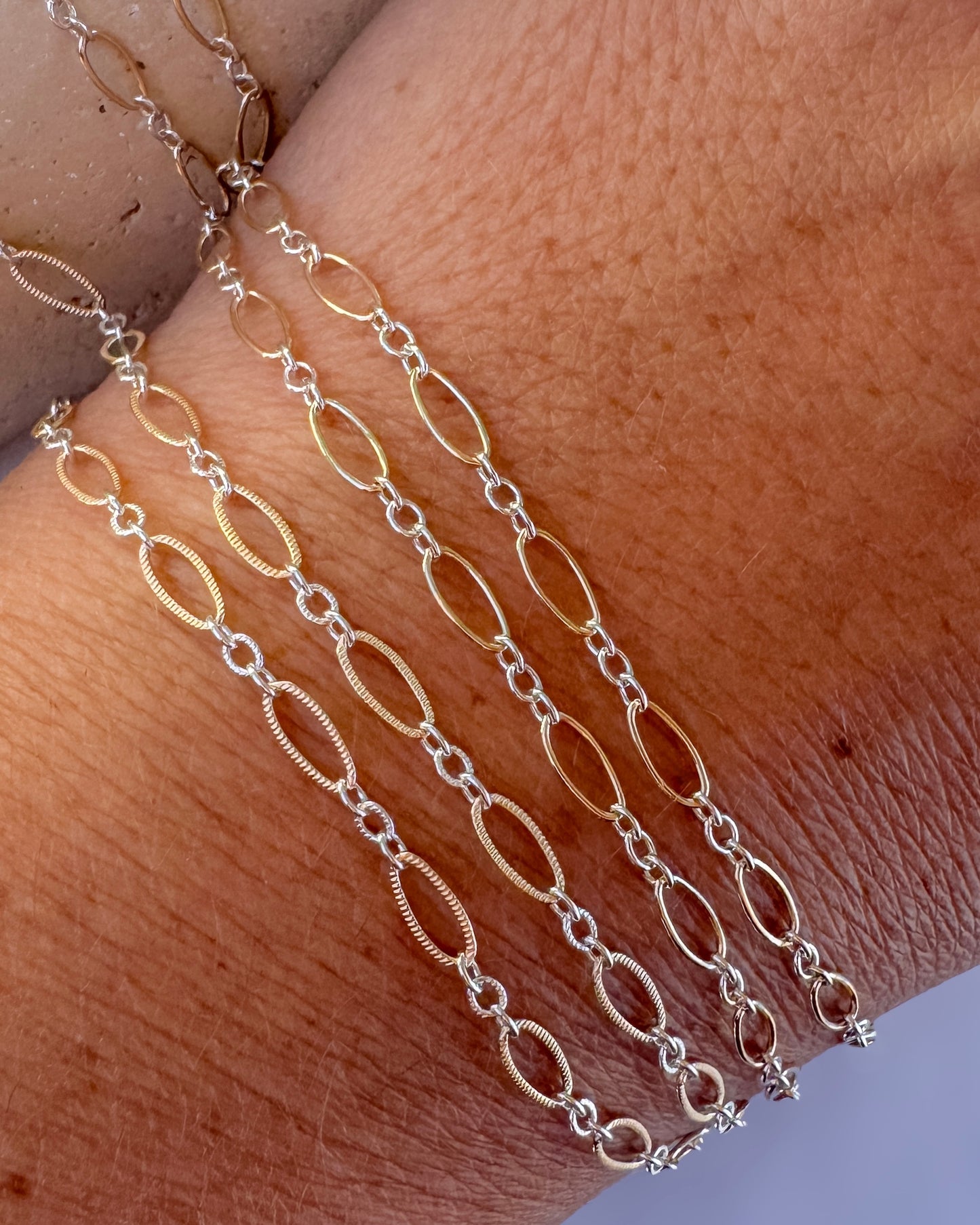 Textured - Mixed Metal Marquise 14k Gold-Filled & .925 Sterling Silver Link Permanent Jewelry Chain