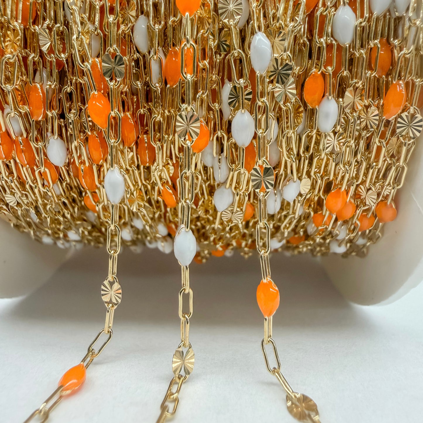 Italian Enamel “Creamsicle” Sunburst Paperclip Chain – Orange & White – 14K Gold Filled