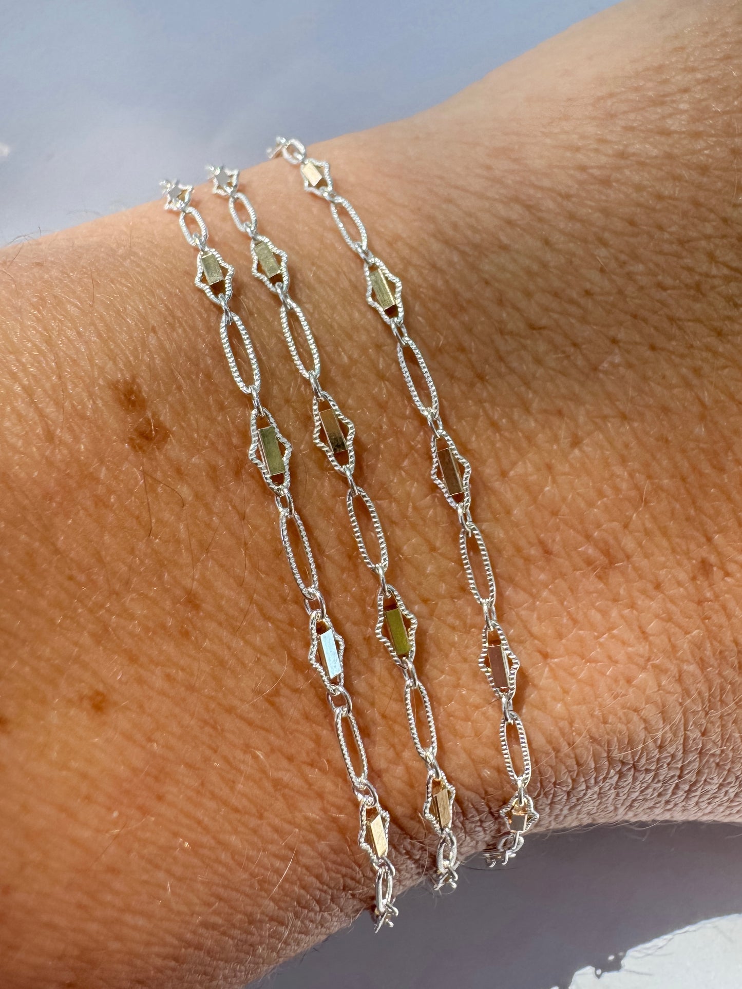 Mixed Metal Textured .925 Sterling Silver Oval Link Chain with 14k Gold Filled Gold Bar Stations
