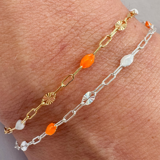 Italian Enamel “Creamsicle” Sunburst Paperclip Chain – Orange & White – 14K Gold Filled