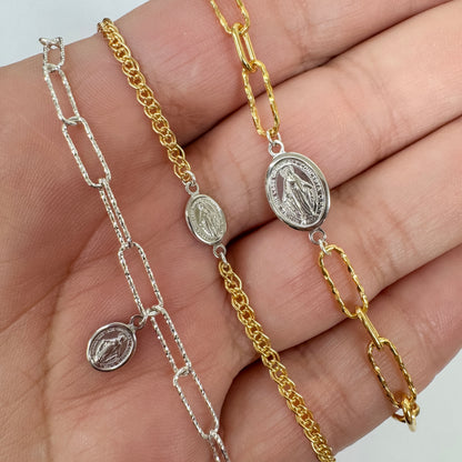 .925 Sterling Silver Miraculous Medal Connector / Charm (Italian Made - Quantity 2 - Select Size/Orientation)