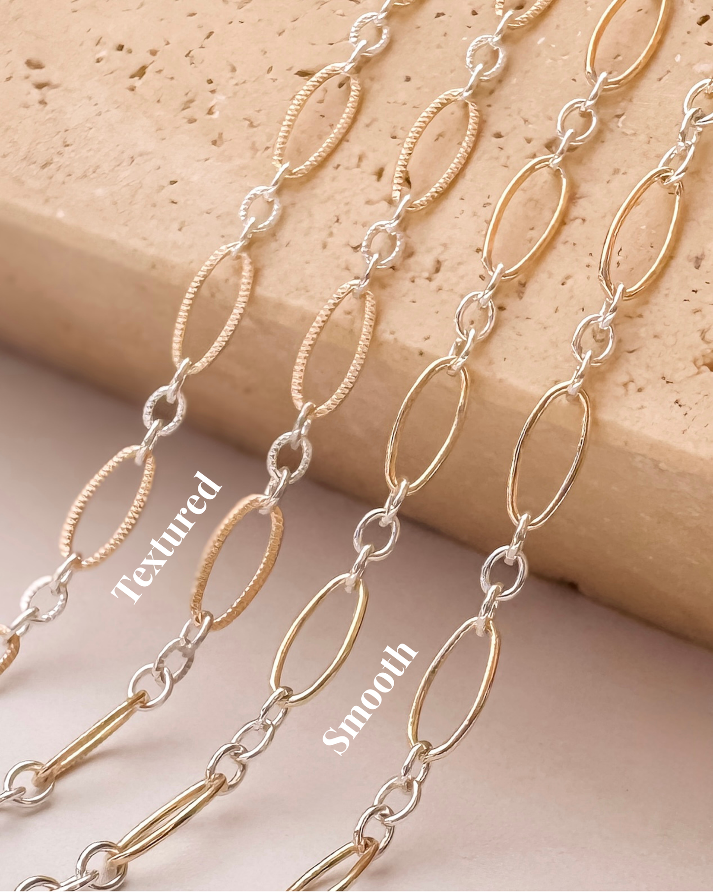 Textured - Mixed Metal Marquise 14k Gold-Filled & .925 Sterling Silver Link Permanent Jewelry Chain