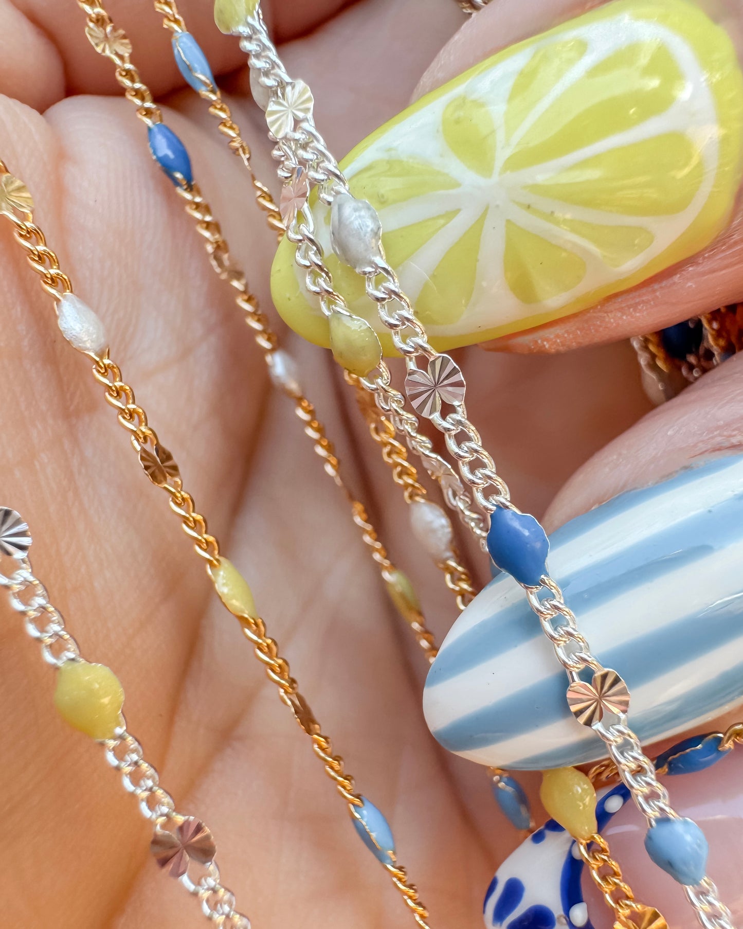 “Amalfi Summer” Italian Enamel Sunburst Curb - Blues, Yellow, Pearl White