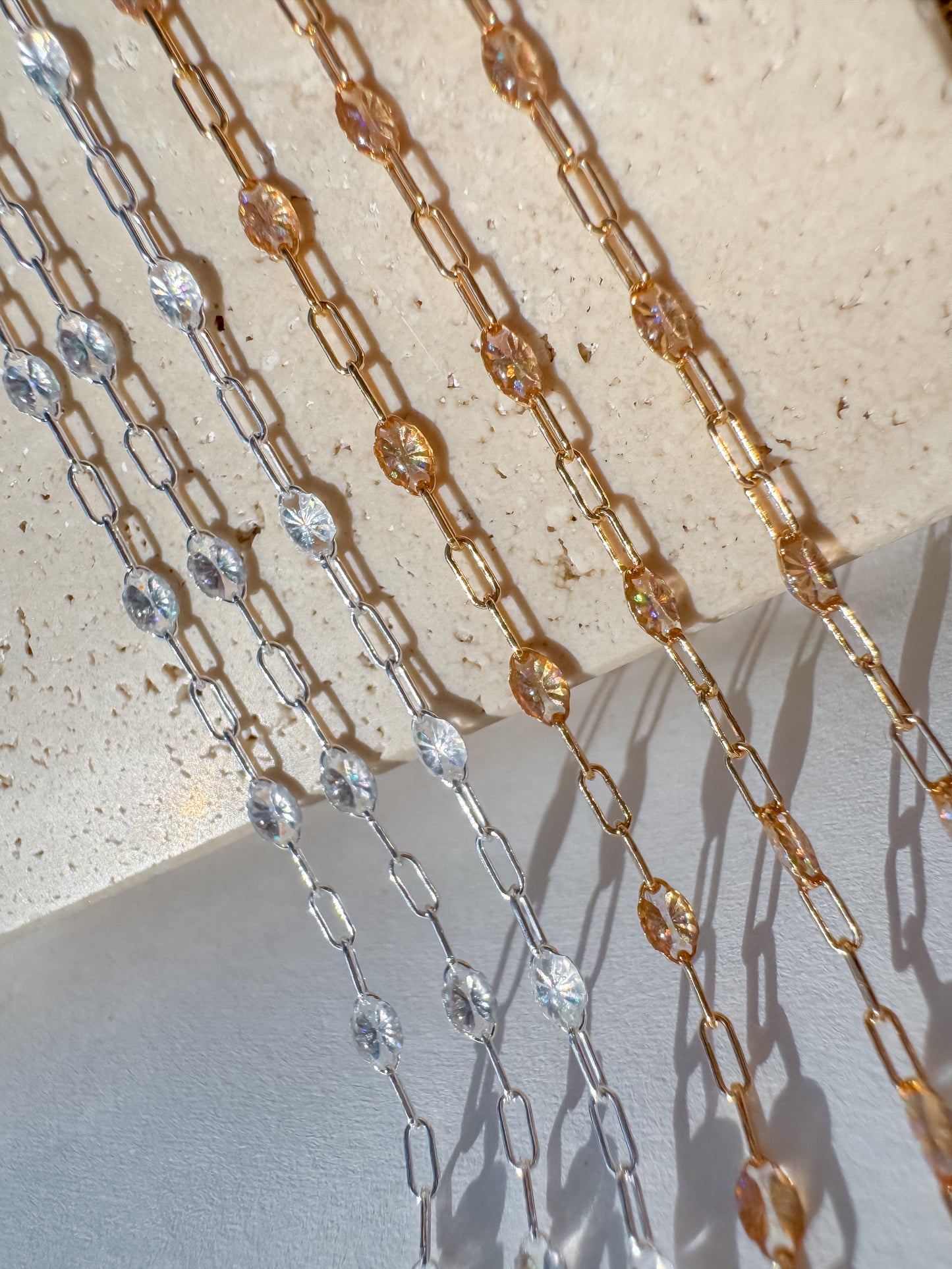 “Natural Aura” Clear Italian Enamel Sunburst Paperclip Permanent Jewelry Chain