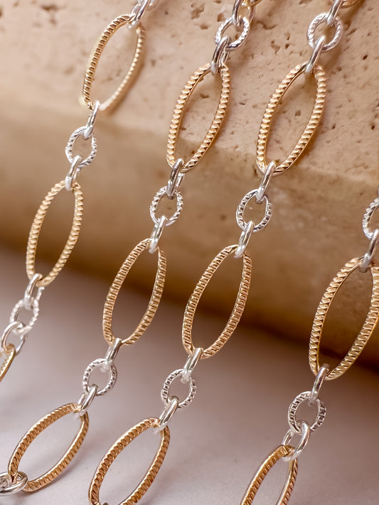 Textured - Mixed Metal Marquise 14k Gold-Filled & .925 Sterling Silver Link Permanent Jewelry Chain