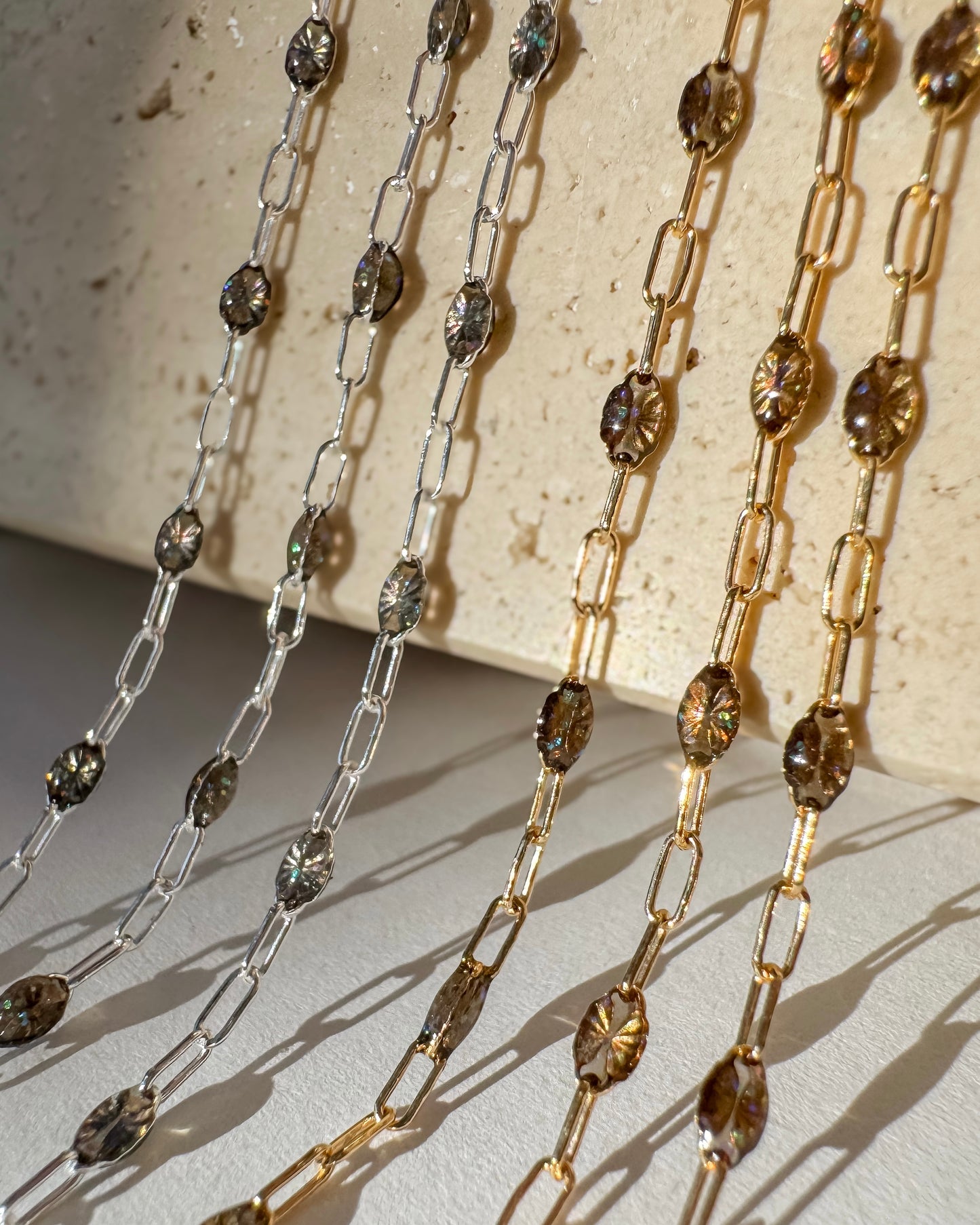 “Smoky Quartz” Italian Enamel Sunburst Paperclip Permanent Jewelry Chain