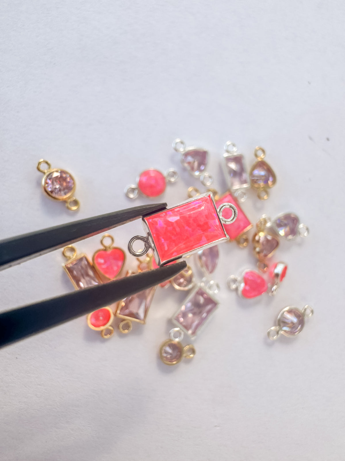 Hot Pink Bello Opal Rectangle Bezel Baguette Permanent Jewelry Connectors – Set of 2