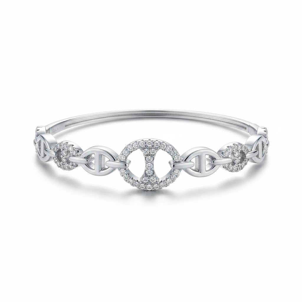 Sterling Silver Mariner Hinged Bangle | Rhodium Plated CZ Sparkle Bracelet