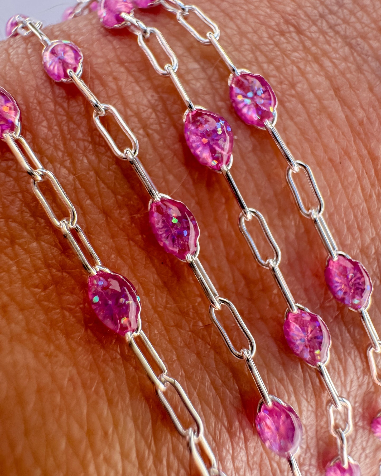 “Pink Prism” Sunburst Paperclip Permanent Jewelry Chain