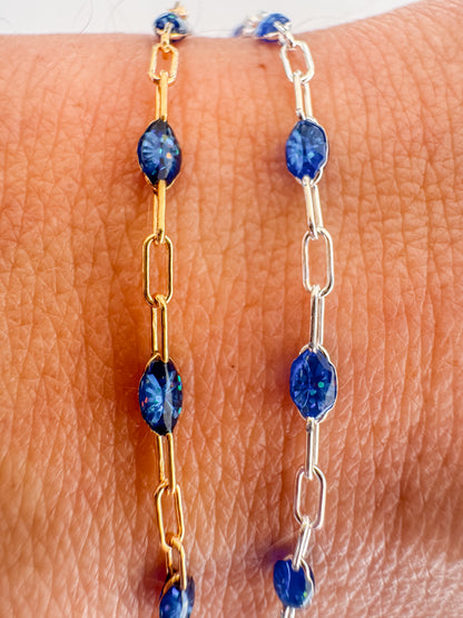 “Cobalt Glow” Enamel Sunburst Paperclip Permanent Jewelry Chain