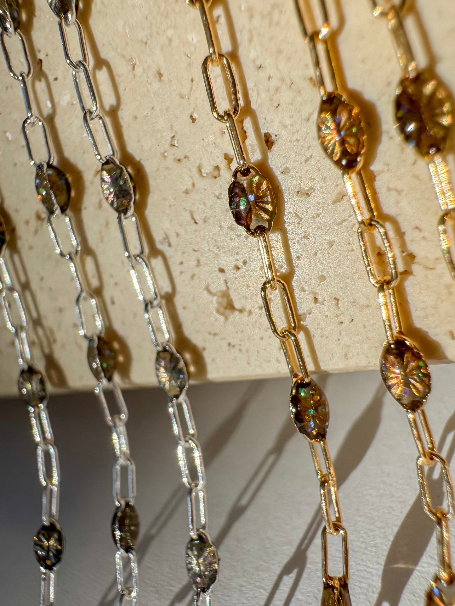 “Smoky Quartz” Italian Enamel Sunburst Paperclip Permanent Jewelry Chain
