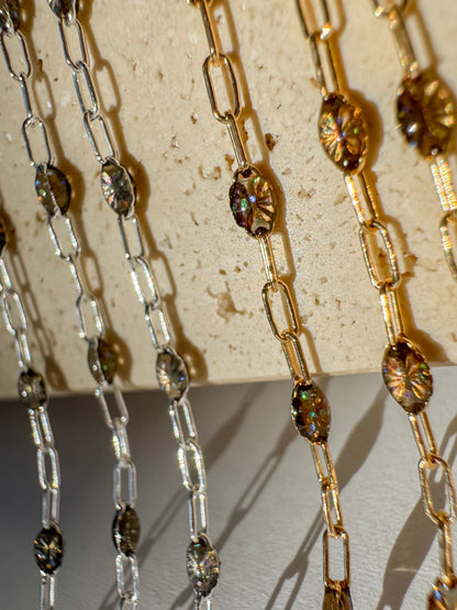 “Smoky Quartz” Italian Enamel Sunburst Paperclip Permanent Jewelry Chain