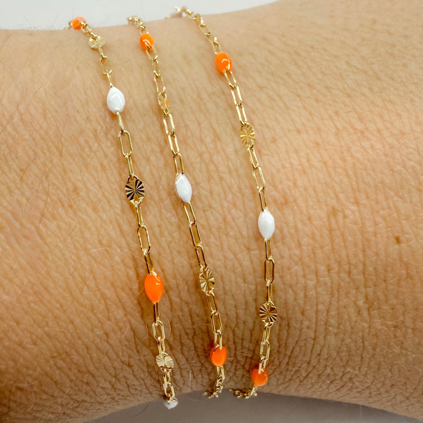Italian Enamel “Creamsicle” Sunburst Paperclip Chain – Orange & White – 14K Gold Filled
