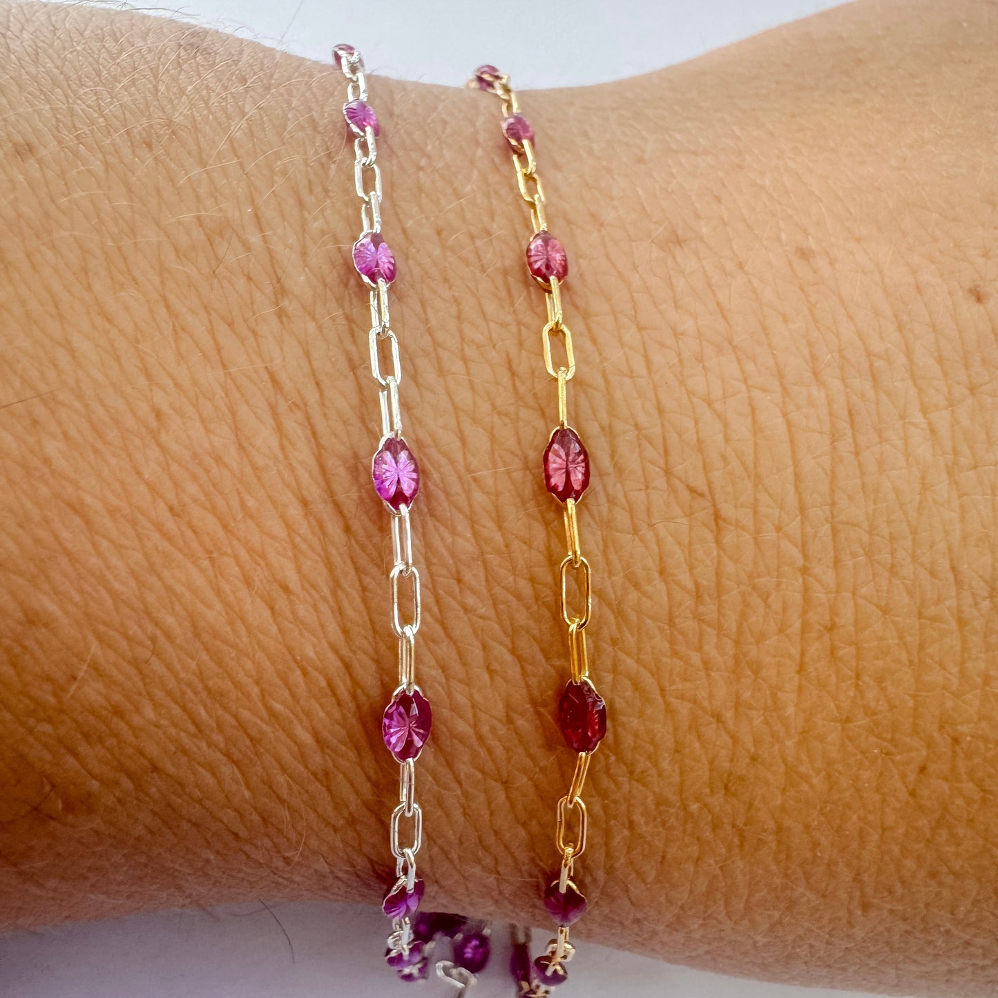 “Vivid Magenta” Enamel Sunburst Paperclip Permanent Jewelry Chain