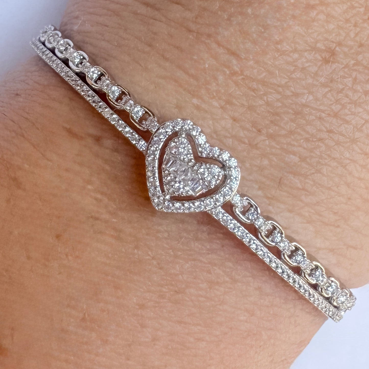 Sterling Silver Heart Hinged Bangle | Rhodium Plated CZ Sparkle Bracelet