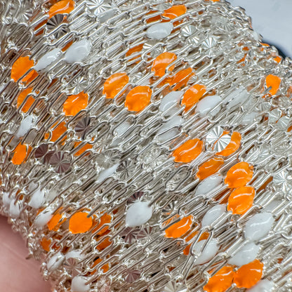 Italian Enamel “Creamsicle” Sunburst Paperclip Chain – Orange & White – 14K Gold Filled