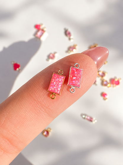 Hot Pink Bello Opal Rectangle Bezel Baguette Permanent Jewelry Connectors – Set of 2