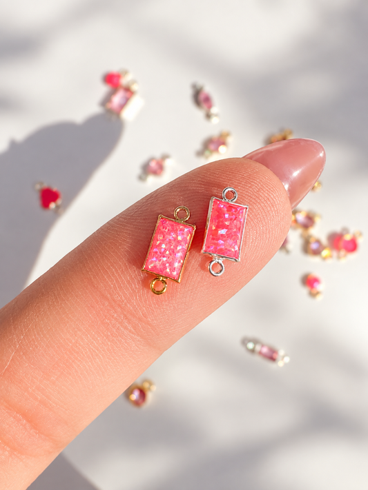 Hot Pink Bello Opal Rectangle Bezel Baguette Permanent Jewelry Connectors – Set of 2