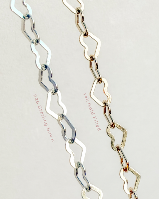 Flat Heart Wholesale Permanent Jewelry Chain - 14k Gold Filled or .925 Sterling Silver